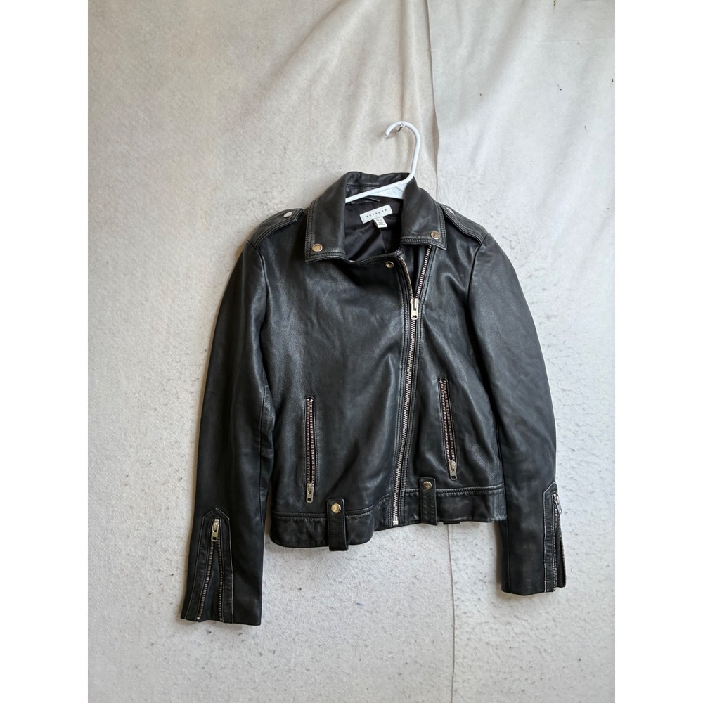 Topshop Black Genuine Lamb Leather Biker Moto Jacket Size US 2 RN125149